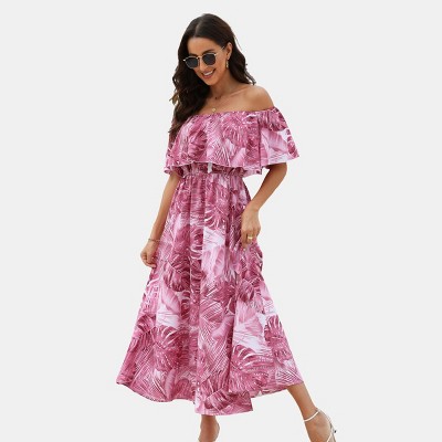 Women's Green & Orange Tropical Floral Off-Shoulder Flounce Bodice Maxi Dress - Cupshe