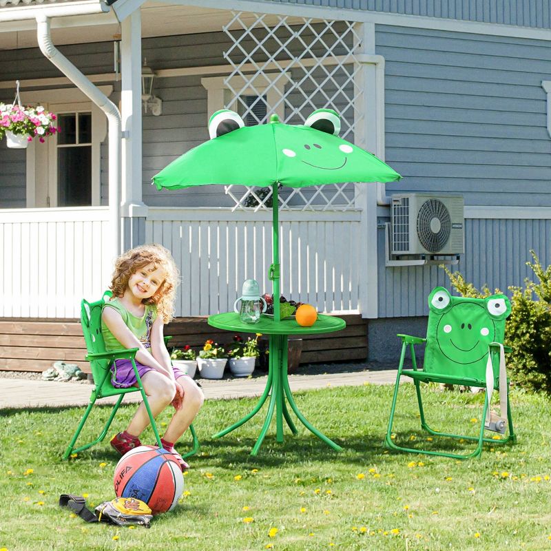 Outsunny Folding Kids Table and Chair Set, Picnic Table with Frog Pattern Removable & Height Adjustable Sun Umbrella for Garden, Backyard, Green, 3 of 7