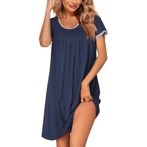Ekouaer Women's Nightgown Short Sleeve Sleepwear Comfy Sleepshirts Pleated Scoopneck Nightshirt - 1 of 4
