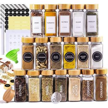 Talented Kitchen 24 Pack Glass Spice Jars with Shaker Lids 6oz, 328 Preprinted Labels, Gold Caps