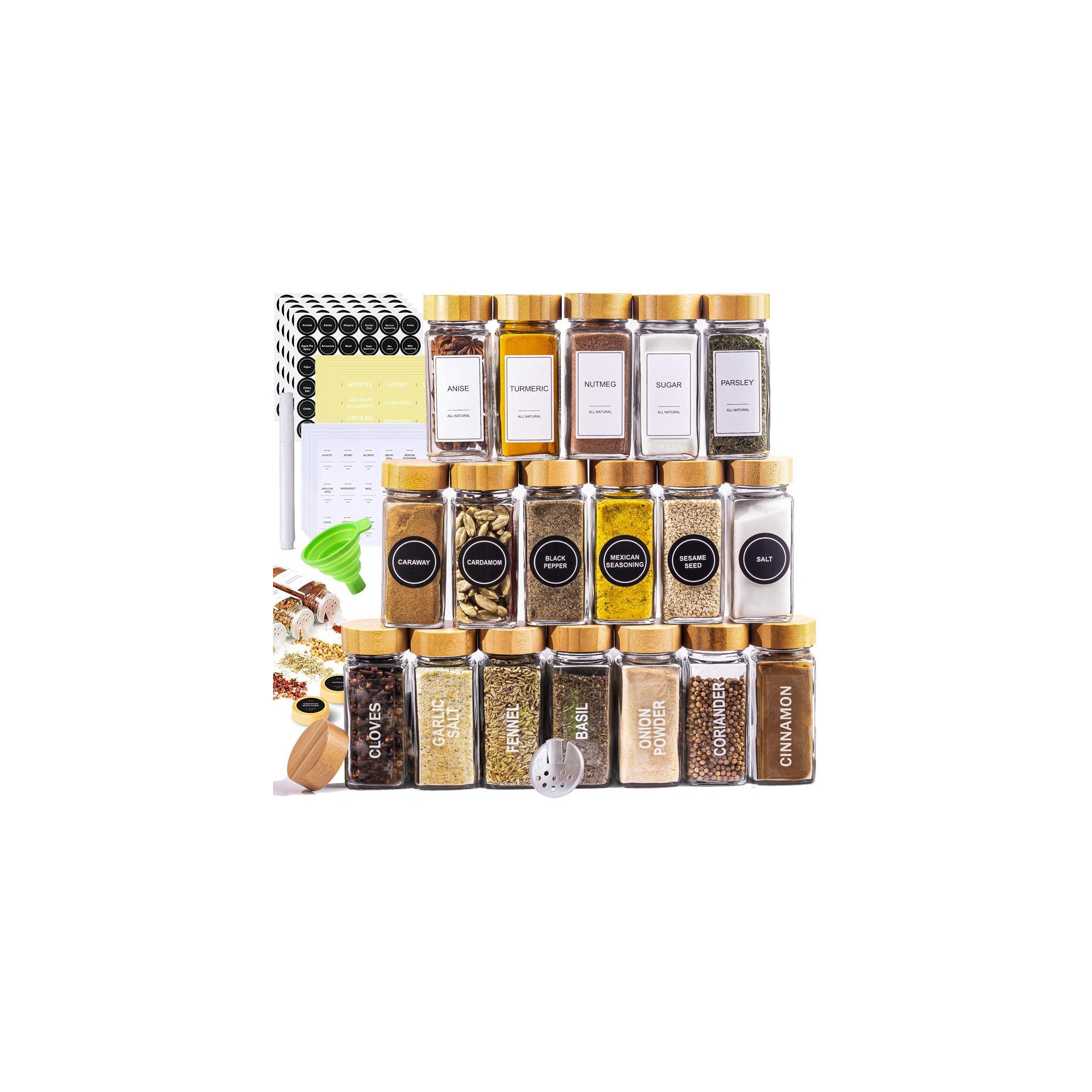 Le'raze Glass Spice Jars with Label Set, Bamboo Lids & Funnel - Kitchen Airtight Storage Jars with Lids - Spices and Seasonings Sets Organizer