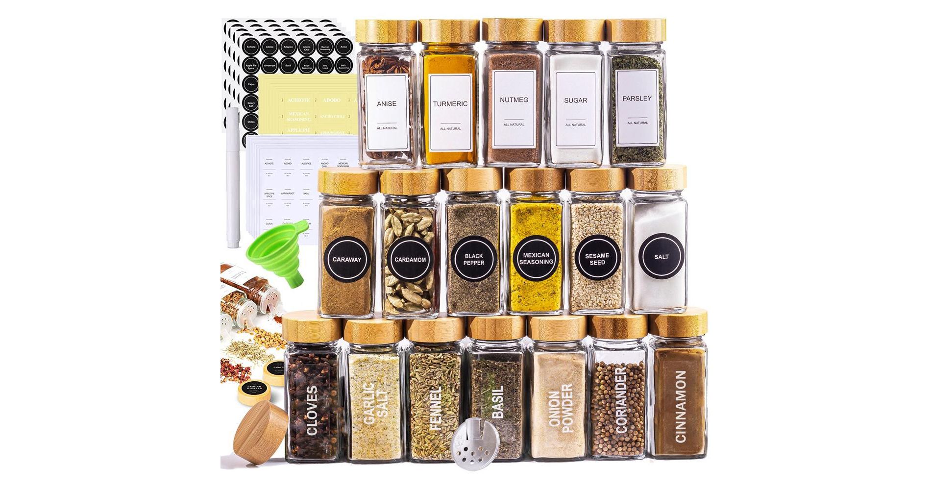 Le'raze Glass Spice Jars with Label Set, Bamboo Lids & Funnel - Kitchen Airtight Storage Jars with Lids - Spices and Seasonings Sets Organizer