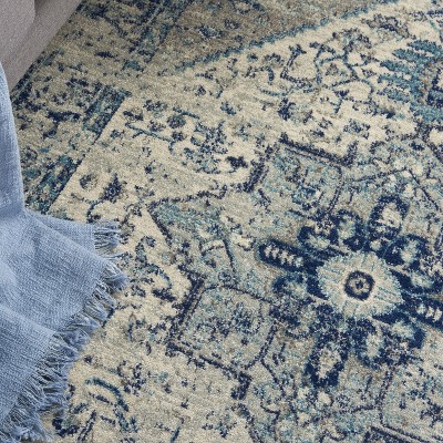 Ivory and Light Blue Synthetic 6' x 9' Easy Care Rug