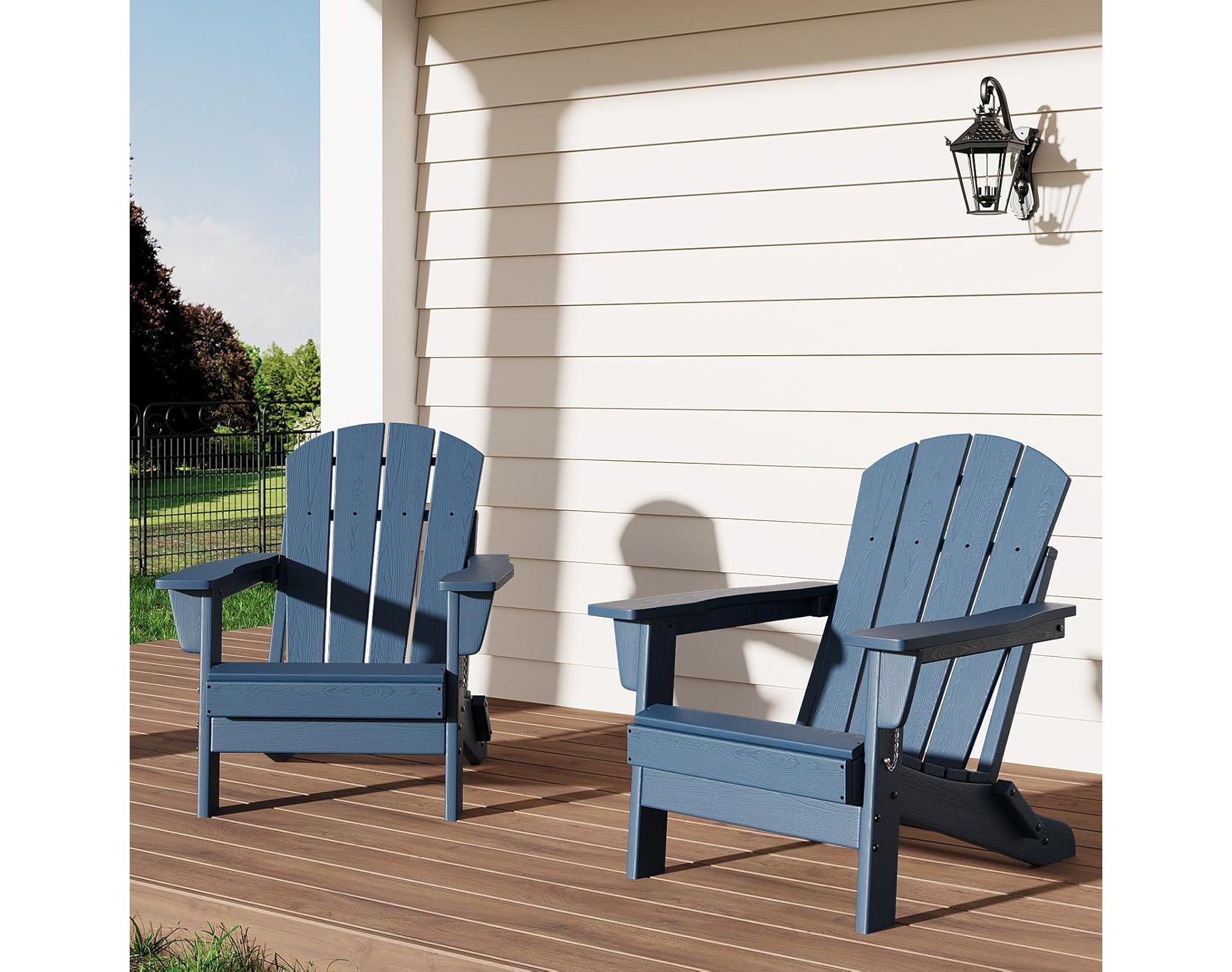 Acekool Folding Adirondack Chairs set of 2, HDPE Plastic Outdoor Chair Wood Texture, 380lbs, Patio/Deck/Backyard – Navy Blue