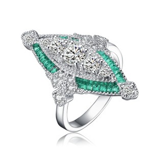 Guili Luxe Sterling Silver Ring, Baguette & Round Cubic Zirconia, Modern Radiant Style, Luxurious Statement, Green/Blue, Sizes 6-8. - 1 of 3