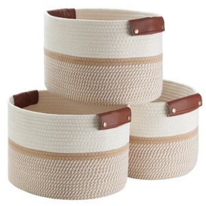 Ornavo Home 3 Pack Cotton Rope Shelf Storage Basket with Faux Leather Handles - 1 of 4