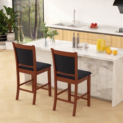 Brown Rubber Wood and Black PVC Leather Counter Stools Set of 2