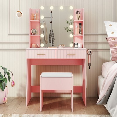 Vanity Desk with LED Lighted Mirror and 3 Adjustable Lights,  Makeup Vanity with Storage Stool, 2 Large Drawers and 4 Open Shelves