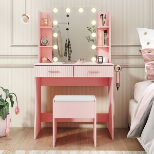 Vanity Desk with LED Lighted Mirror and 3 Adjustable Lights,  Makeup Vanity with Storage Stool, 2 Large Drawers and 4 Open Shelves - 1 of 4