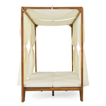 Kinzie Outdoor 2 Seater Adjustable Acacia Wood Daybed with Curtains - Teak/Cream - Christopher Knight Home