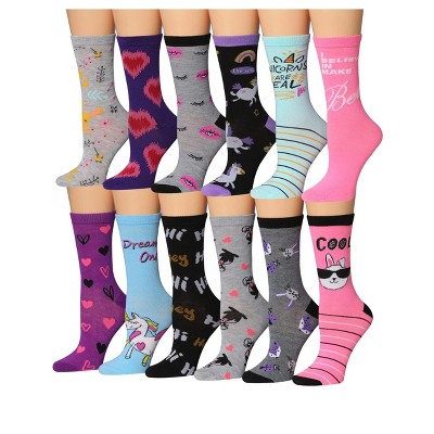 Tipi Toe Women's 12 Pairs Lightweight Crew Socks – Colorful Heart, Rabbit, Cat, Unicorn Patterns
