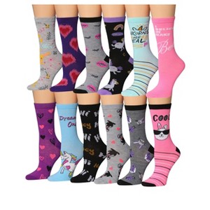 Tipi Toe Women's 12 Pairs Lightweight Crew Socks – Colorful Heart, Rabbit, Cat, Unicorn Patterns - 1 of 1