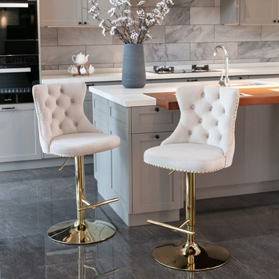 SKRAN Swivel Velvet Barstools Set of 2, Adjustable Seat Height Tufted Back Hand-Hammered Rivets Black Metal Leg For Home Pub & Kitchen Island