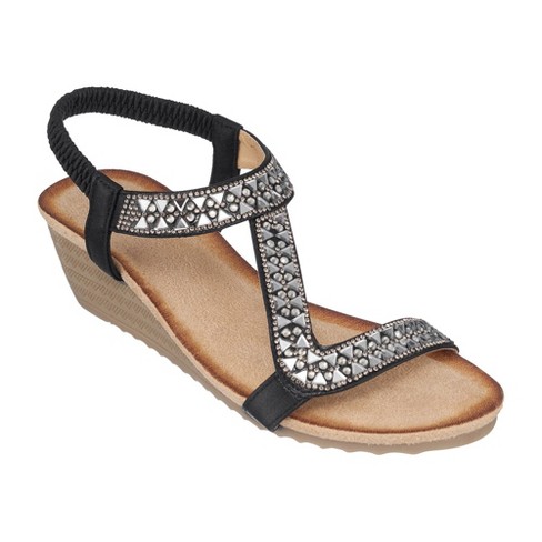 GC Shoes Monica Black 6 Embellished Comfort Slide Wedge Sandals