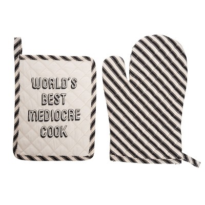 Totalee Gift Mediocre Cook Pot Holder & Oven Mitt Set of 2 Cotton Black