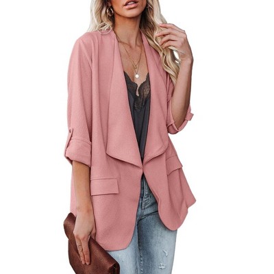 Womens Casual Jackets Fall Outfits for Lady Roll Up Open Front Blazer Longline Blazer Work Office Business Blazers