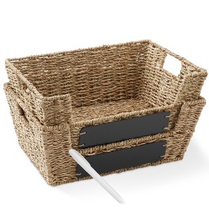 Casafield (Set of 2) Water Hyacinth Seagrass Pantry Baskets with Handles and Chalkboard Labels, Wide Woven Storage Baskets for Kitchen Shelves - 1 of 4