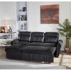Mid-Century Style 81.90" Faux Leather Convertible L-Shaped Sleeper Sectional Sofa with Pull-Out Bed and Reversible Storage Chaise - 1 of 4