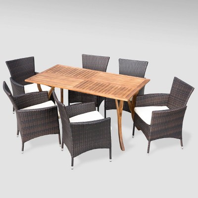 Beige and Multibrown Acacia Wood and Wicker 6 Person Outdoor Dining Set