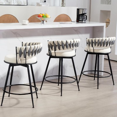 DYHOME 24 inch Bar Stools Set of 3, Modern Counter Height Bar Stools, 360° Swivel Suede Fabric Stool Chairs with Woven Back and Footrest