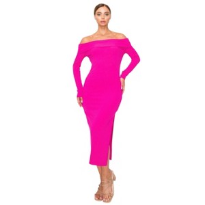 Slickblue Women’s Midi Dress, Off-Shoulder Bodycon Ribbed Style, Long Sleeve with Side Slit, Fuchsia/Green, Size S-L - 1 of 4
