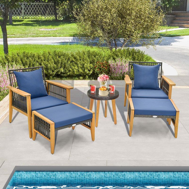 Costway 5 Pcs Patio Acacia Wood Wicker Woven Furniture Set with Coffee Table & 2 Ottomans Navy/Beige, 1 of 11