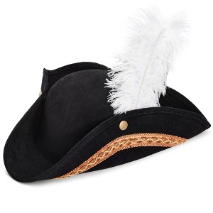 Juvale Tricorn Pirate Hat with Feather for Halloween Outfit - Black Pirate Hat for History Theme Birthday & Halloween Party - 1 of 4