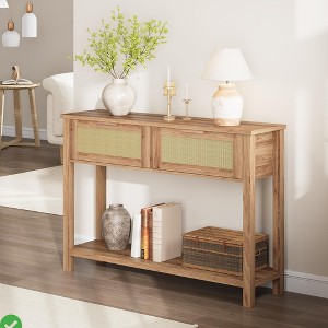 Console Table 43 Inch Rattan Console Table, Entryway Table with 2 Drawers Storage Shelf Woven Design - 1 of 4