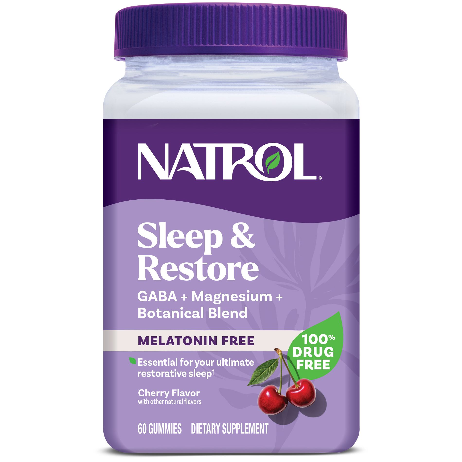 Natrol Sleep & Restore Melatonin Free Gummies for Restorative Sleep with Magnesium, GABA - Cherry - 60ct