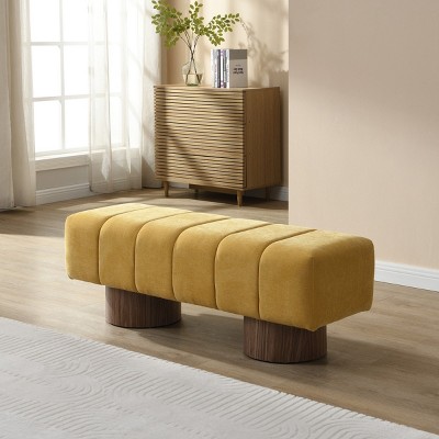 Chenille Fabric Upholstered Accent Bench with Round Wood Legs,Rectangular End of Bed Ottoman,Modern Bedroom or Entryway Bench-Coolbibila