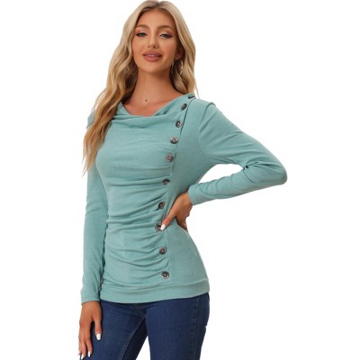 Allegra K Women's Cowl Neck Long Sleeves Buttons Decor Solid Ruched Top