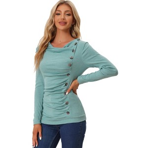 Allegra K Women's Cowl Neck Long Sleeves Buttons Decor Solid Ruched Top - 1 of 4