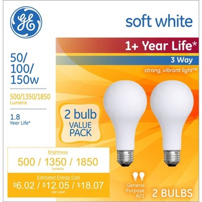 GE 50/100/150w 2pk 3 Way Long Life Incandescent Light Bulb White