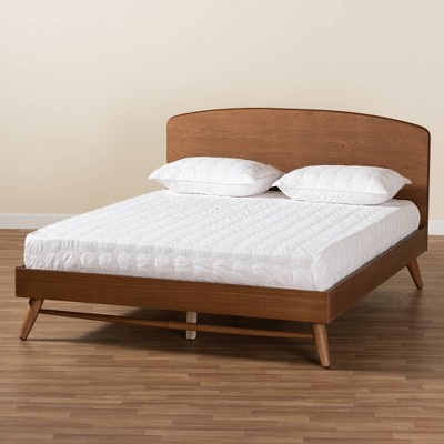 Walnut Brown Queen Wood Frame Platform Bed with Curved Headboard