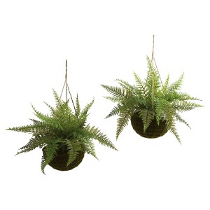 Artificial Leather Fern With Mossy Hanging Basket Indoor / Outdoor Set Of 2 - Nearly Natural: Faux Plant Decor, Mid-Century Style - 1 of 4