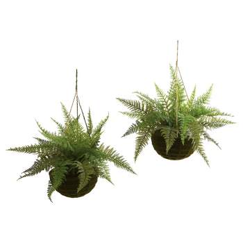 Artificial Leather Fern With Mossy Hanging Basket Indoor / Outdoor Set Of 2 - Nearly Natural