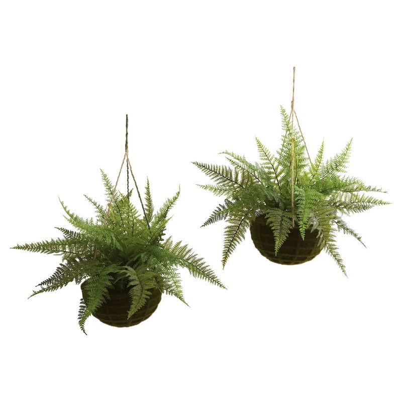 Artificial Leather Fern With Mossy Hanging Basket Indoor / Outdoor Set Of 2 - Nearly Natural, 1 of 5