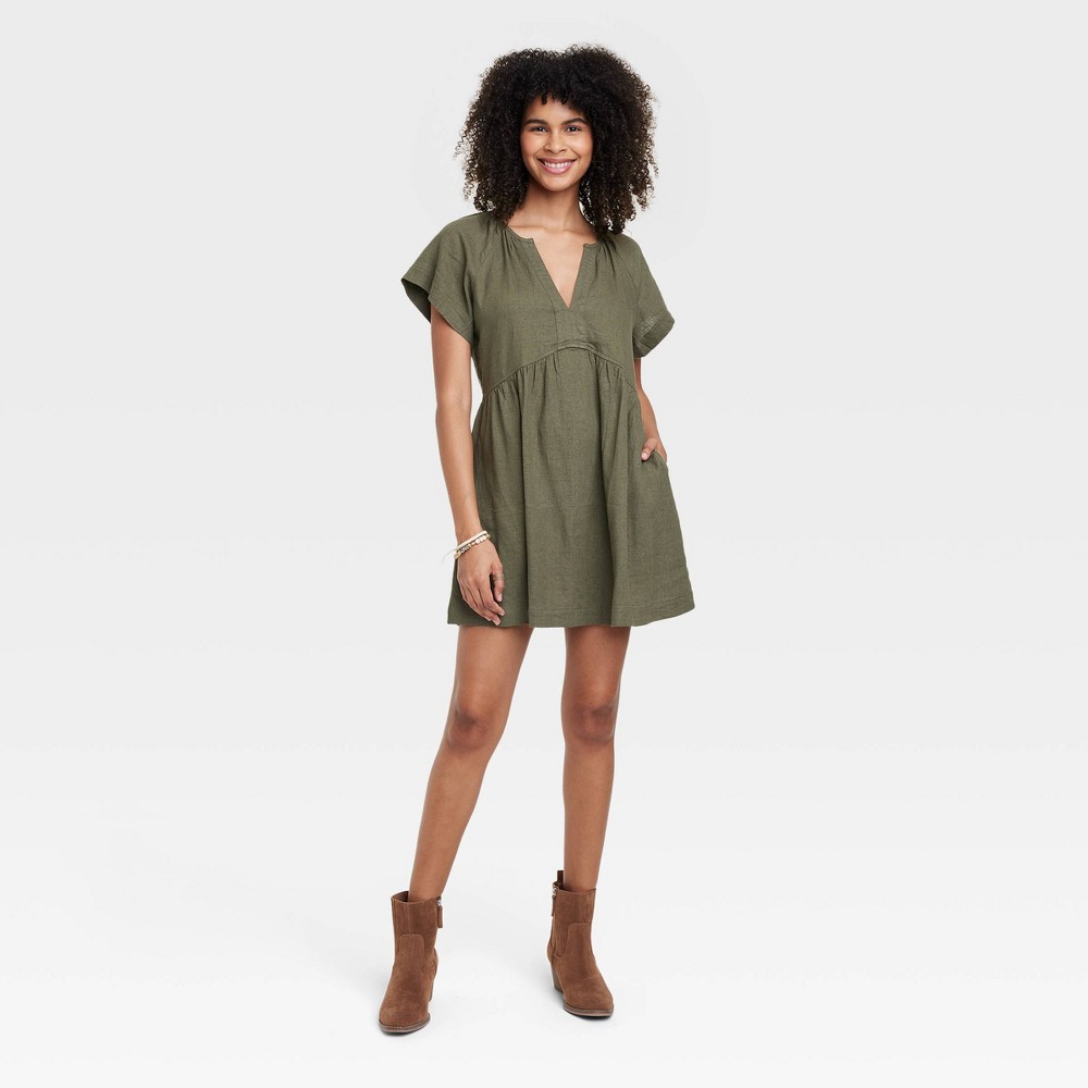 Women's Short Sleeve Linen Mini Shift Dress - Universal Thread™ Olive Green XS