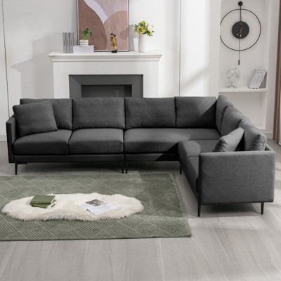 Mjkone Modern Linen 107" Convertible L-shaped Couch, Oversized Sectional Sofa, 5 Seat Corner Sofa Couch With Carbon Steel Legs
