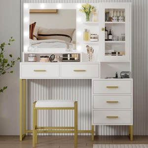 Bedroom Dressing Table with Mirror and Lamp, 3 Colours, Wooden Dressing Table with Charging Stand, 5 Drawers and Open Storage Shelf, Black - 1 of 4