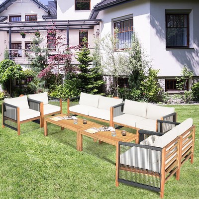Costway 8PCS Wooden Patio Furniture Set Cushioned Sofa W/Rope Armrest White\Turquoise\Red