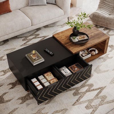Tribesigns Extendable Brown and Black Wood Coffee Table with Storage Drawers