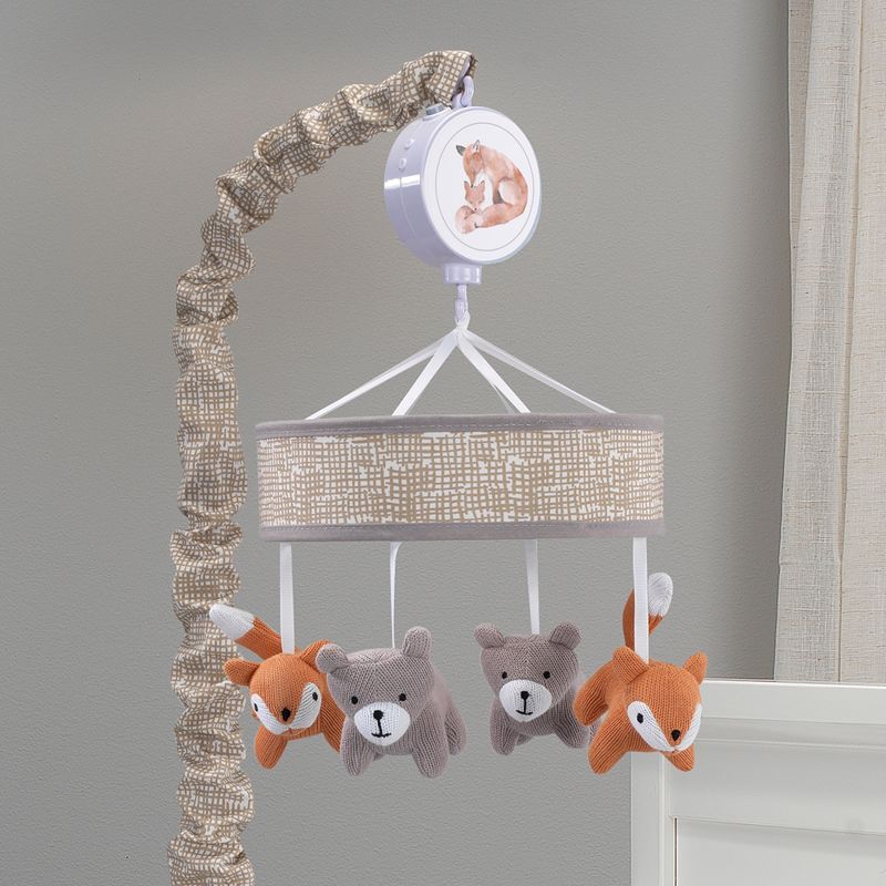 Lambs & Ivy Painted Forest Gray/Beige Fox and Bear Baby Crib Musical Mobile, 3 of 5