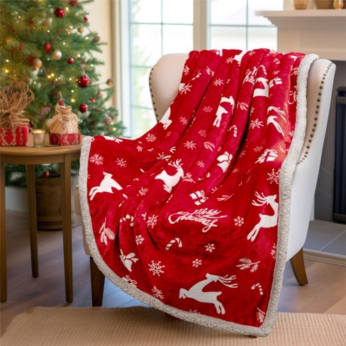 PAVILIA Fleece Plush Microfiber Throw Blanket for Couch Sofa and Bed Reversible Red Reindeer Throw 50x60