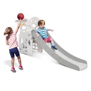 Kids Slide, 3 In 1 Toddler Slide with Basketball Hoop and Ball, Freestanding Baby Playset - 1 of 4