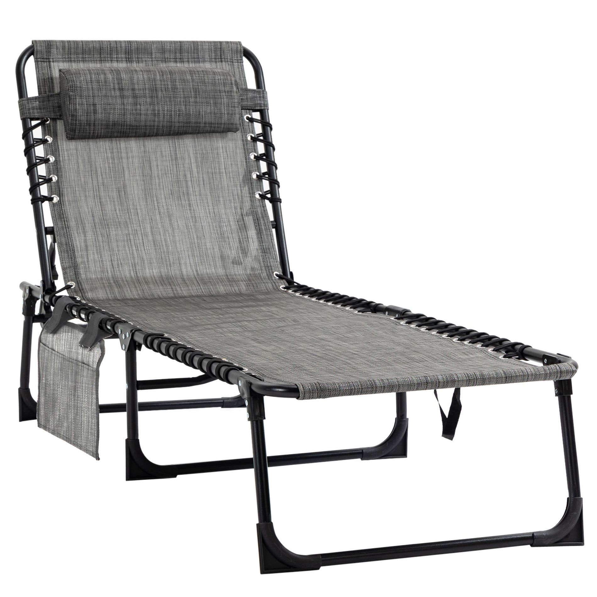Okak Reclining Folding Chair with Adjustable Backrest, Beach Chair with Removable Pillow, Chaise Lounge Chair for Patio, Garden, Beach, Gray