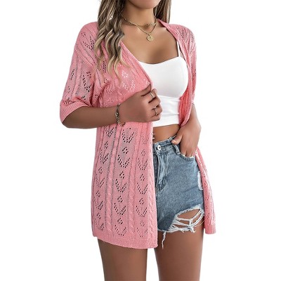 Women 2025 Long Crochet Cardigan Short Sleeve Open Front Knit Sweater Summer Hollow Out Lightweight Cover Up
