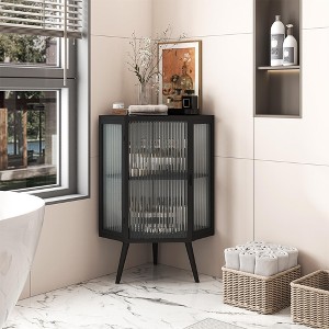 22.25" Floor Coner Cabinet with Tempered Glass Door & Storage Shelves for Bathroom, Living Room, Bedroom Black - 1 of 4