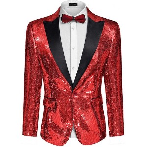 COOFANDY Mens Sequin Blazer Tuxedo Party Prom Wedding Tuxedo One Button Jacket Red L - 1 of 4