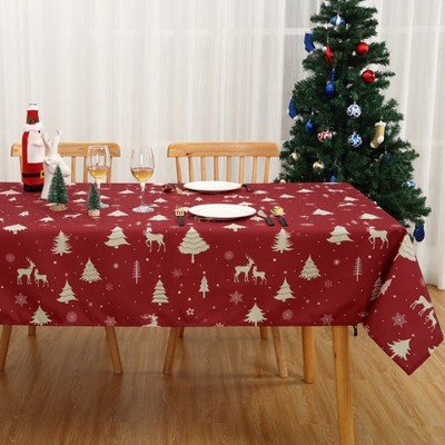Christmas Tablecloth – Festive Deer, Pine Trees & Snowflakes Design, Waterproof Winter Holiday Dining Decor